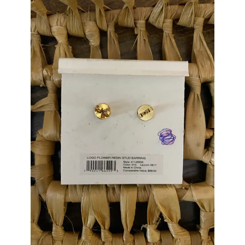 Tory Burch Logo Flower Resin Stud Earrings Black Gold Double T 41145526 NWT